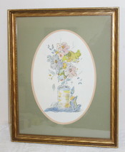 Framed &amp; Oval Matted Flower &amp; Planter ~ Pastel or Watercolor ? Signed 14&quot;x17.75&quot; - £31.44 GBP