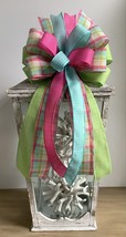 1 Pcs Aqua Pink Lime Green Plaid Easter Wired Wreath Bow 10 Inch #MNDC - £28.25 GBP