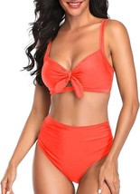 Tempt Me Women&#39;s Neon Orange Two Piece High Waist Bikini Swimsuits - S (4-6) - £14.41 GBP