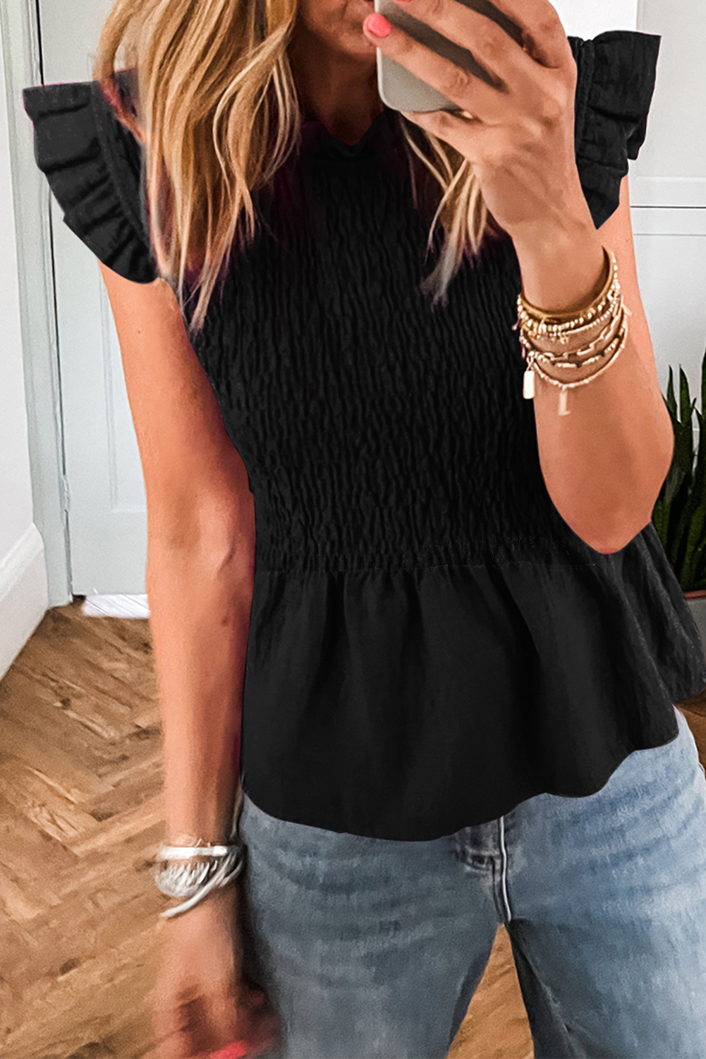 Black Ruffle Short Sleeve Shirred Peplum Top - $12.64