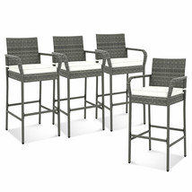 Set of 4 Wicker Bar Stools Bar Height Armchairs w/ Cushions &amp; Footrests ... - £408.04 GBP