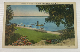 Postcard Bathing at Cayuga Lake State Park, Seneca Falls NY linen - $5.90