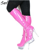 Patent Pink Perspex High Heels Women Boots Knee High Sexy Lace Up Sales Shoes - £166.25 GBP