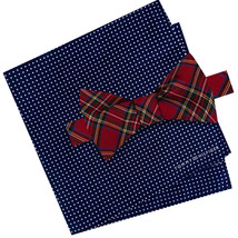 TOMMY HILFIGER Red Royal Stewart Self Bow Tie Black Dot Pocket Square Si... - £19.95 GBP