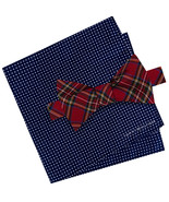 TOMMY HILFIGER Red Royal Stewart Self Bow Tie Black Dot Pocket Square Si... - £19.65 GBP