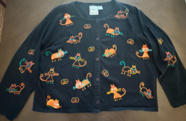Michael Simon Lite Black Embroidered Cat Pumpkins Halloween Cardigan Siz... - $59.78