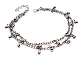 Ankle Bracelet Double Chain Drop Bead Beaded Anklet Beach Jewellery Silver Tone - £7.82 GBP