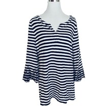  Talbots Womens Top Navy Blue White Striped Tunic Cotton Embroidered VNeck Large - £15.56 GBP