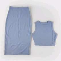 Womens 2 Piece Set Blue Ribbed Crop Tank Top Midi Skirt Small Rayon Spandex - $15.83