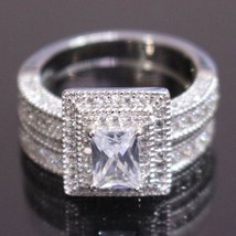 3 Ct Princess Cut Simulated Diamond Halo Engagement Wedding Band Ring Set Silver - £76.94 GBP