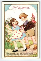 Valentine Postcard Boy And Girl Outside Flowers V-213 Embossed Vintage 1922 - £4.18 GBP