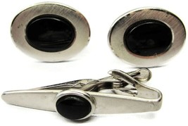 Swank Cufflinks Tie Bar Set Silver Tone Black Stone Tux Shirt Dress Suit Vintage - £22.31 GBP