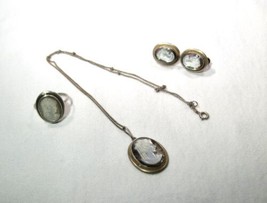 Vintage 800 Silver Carved Shell Cameo Necklace Ring &amp; Earrings Set K522 - £58.33 GBP