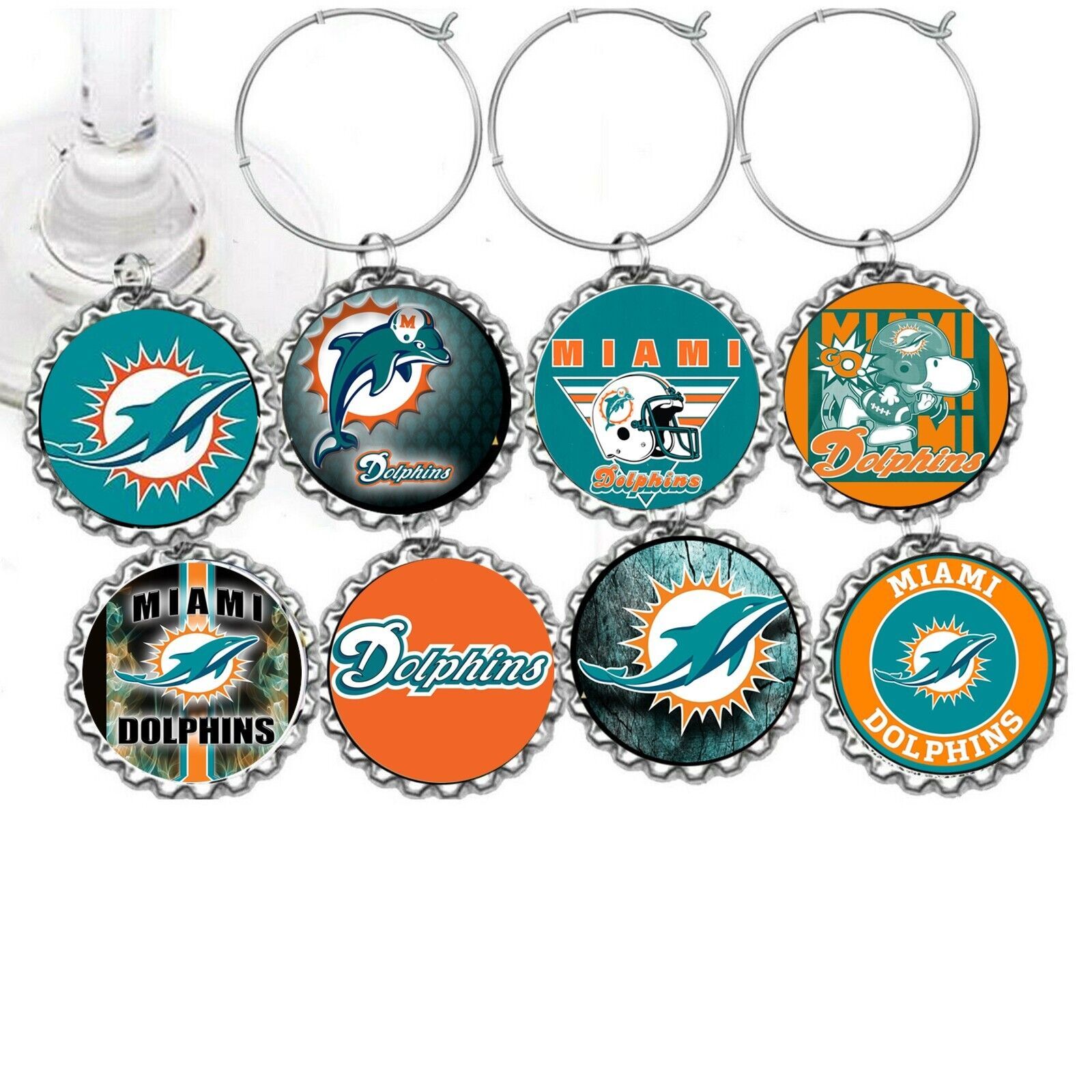 Primary image for Miami Dolphins decor party wine glass cup charms markers 8 party favors
