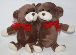 Dan Dee Twin Teddy Bears 10&quot; Brown Plush 2 Hugging Stuffed Soft Toy Red Bow MTY - £19.15 GBP