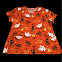 Womens Orange Faboolous Halloween Ghost Cat Spider Scrubs Shirt Size XL ... - £12.78 GBP