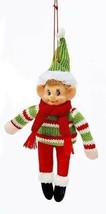 Kurt Adler Retro Stuffed Knit Fabric Elf w/ Sweater &amp; Green Hat Xmas Ornament - £6.19 GBP