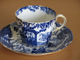 Vintage Tea Cup Saucer Royal Crown Derby- Blue Mikado Design- 1940s, Stained Cup - $19.97