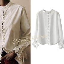 Women&#39;s Crisp Cotton High Neck Bib Shirt, White Tie Eyelet Cuffs Vintage... - $64.99
