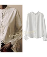 Women&#39;s Crisp Cotton High Neck Bib Shirt, White Tie Eyelet Cuffs Vintage... - $64.99