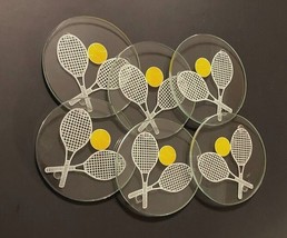 Set of 6 White Tennis Racket Yellow Ball Round Glass Coasters 4" - $39.45