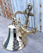 Handmade Nautical Brass Bell Wall Hanging Ship Bell 8&quot; Brass Anchor Boat Decor - £48.74 GBP