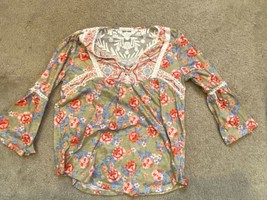 Latitude 10 Green Rose Coral Peasant Blouse Shirt Summer Boho Top~Size Medium M - $18.69