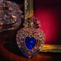 Medieval Sapphire Blue Vintage Heart-shaped Brooch Full of Diamonds - £46.19 GBP