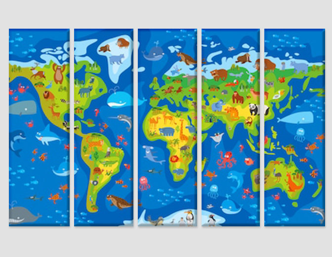 Kids World Map Canvas Art Animal World Map Wall Decor Nursery World Map ...