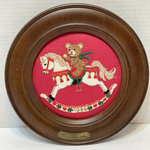 VTG 1986 The Creative Circle Christmas Cross Stitch Bear Rocking Horse Framed - $30.41