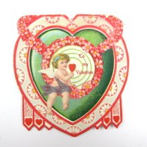 Vintage Valentine Card Die cut Blonde Cupid Target Red Heart Bullseye Fl... - $7.99