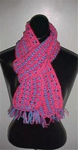 Hand Crochet Scarf #149 Pink/Blue 62 x 5 w/Fringe NEW - $12.19