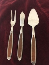 Mid Century Stainless steel faux wood handle 3 pc serving set knife fork spoon - £31.64 GBP