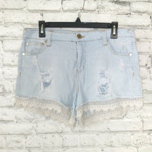 Elan Shorts Womens Large Blue Distressed Denim Crochet Lace Hem Festival Boho - £14.06 GBP