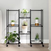 Flower Stand Black Powder-Coated Iron Tall Rollable - $84.91 CAD