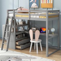 Twin Size Loft Bed With Desk And Shelves,Solid Wood Structure Bed Frame,W/Two Bu - £822.44 GBP