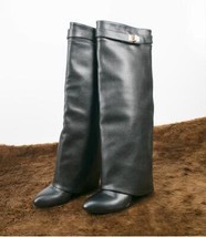 Lock Knee High Boots Folded Leather Motorcycle Boots Wedge Heel Height Increasin - £190.86 GBP