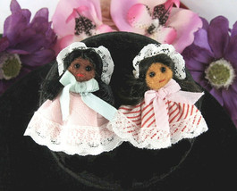 PAIR OF Sweet Little DOLL PINS Vintage Handcrafted Brooch Pink Smiling Girls - £13.24 GBP