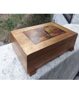 Old Vintage Wooden Jewelry Box Gold Paint Cottage Scene on Top - £22.41 GBP