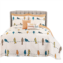 King size Orange White Blue Floral Birds On Wire 7 Piece Lightweight Quilt Set - $257.49