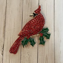 Christmas Red Northern Cardinal Brooch Crystal Rhinestone Holly Animal Bird Pin - £9.55 GBP