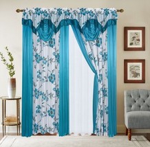 Sofia Flowers Turquoise Curtains Windows Panels With Attached Valance 2 Pcs Set - £33.45 GBP