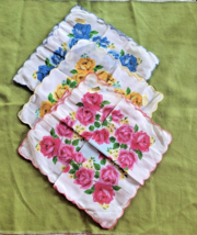 Lot of 3 Red Yellow and Blue Floral Cotton Handkerchiefs Scalloped Edges Unused - $9.89