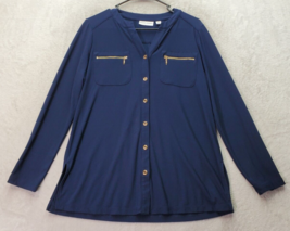 Susan Graver Blouse Top Women Small Navy Polyester Long Sleeve Button Front Slit - £18.87 GBP