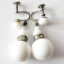 1970s Handmade Vintage Screw Back Clip On Earrings Dandle White Silver T... - $29.99