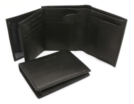 Bifold Black Genuine Leather Compact Wallet with Snap Button Inner Flap - £9.97 GBP