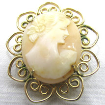 Lady Cameo Pin White on Tan Vintage Gold Tone Frame 1 3/4&quot; Victorian  #339 - £33.82 GBP