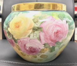Pink &amp; Yellow Roses Lots of Gold Hand Painted Jardiniere Urn Signed 8 3/... - $346.50