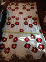 3D Handmade Crochet Knitted Vintage Christmas Pointsettia Bed Blanket 82&quot; X 90&quot; - £55.94 GBP