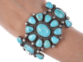 7.5&quot; 30&#39;s-40&#39;s Navajo Silver Turquoise cluster bracelet 4 - $1,876.05